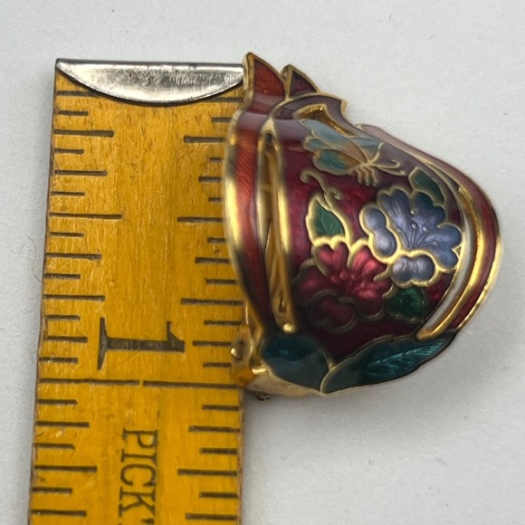 Vintage Cloisonné Enamel Earrings Blue Red Gold Tone Butterfly Floral Clip On - Picture 5 of 6